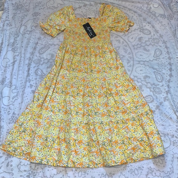 NWT ASOS Influence Floral Tiered Smock Dress Yellow Sz 10 - Picture 1 of 10